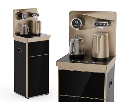 Modern Gold And Black Water Dispenser With Digital Display Glass Kettle And Storage Cabinet 3d model