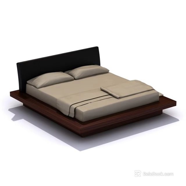 Modern Minimalist Double Bed with Black Headboard Light Bedding and Wooden Frame 3d model 