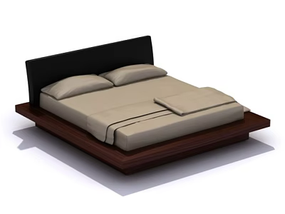 Modern Minimalist Double Bed with Black Headboard Light Bedding and Wooden Frame 3d model