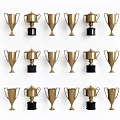Gold Trophies and Award Medals with Different Designs Arranged in Rows