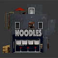 Noodle Shop Building With Neon Sign Red Umbrella On Terrace And Gray Exterior