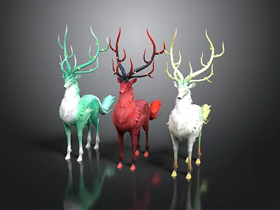 Three Stylish Colorful Decorative Deer With Artistic Antlers And Vibrant Patterns 3d model