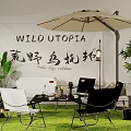 Wild Utopia Outdoor Table And Chairs Set With Umbrella And Green Plants