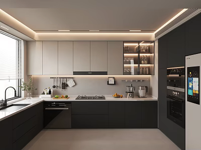 Modern Kitchen Interior With Gray And White Cabinets Island Window Appliances And Countertop Fruits 3d model