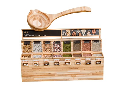 Wooden Spice Display Shelf with Multiple Compartments and Wooden Spoon on Top 3d model