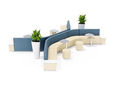 Modern Public Chairs With Curved Design Blue And Beige Upholstery Potted Plants And Small Tables 3d model