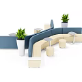 Modern Public Chairs With Curved Design Blue And Beige Upholstery Potted Plants And Small Tables
