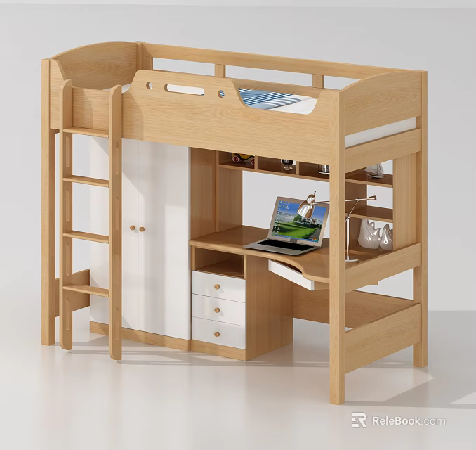 Wooden Bunk Bed with Light Wood Finish Desk Drawers and Ladder 3d model 