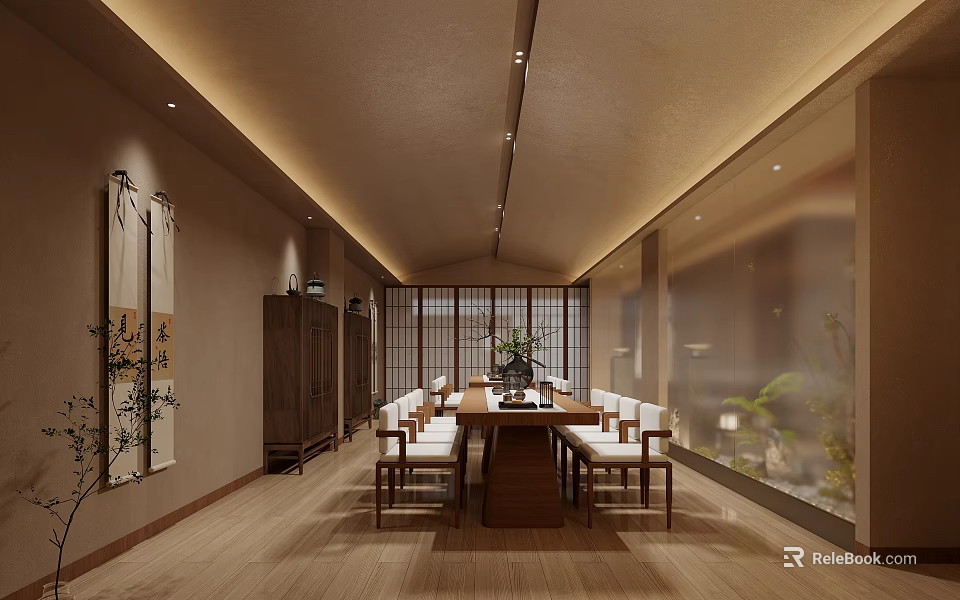 Japanese Style Clubhouse Interior With Long Table And Wooden Elements 3d model 
