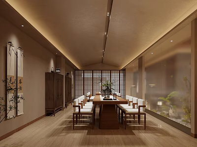 Japanese Style Clubhouse Interior With Long Table And Wooden Elements 3d model