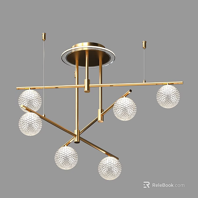 Modern Gold Metal Chandelier Featuring Spherical Crystal Lampshades And Crossbar Design With Circular Ceiling Base 3d model 