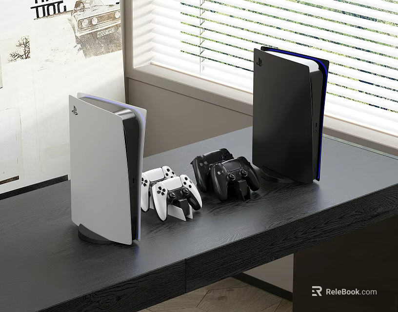 Entertainment Electronics White And Black Gaming Consoles With Controllers On Desk Home Setup 3d model 