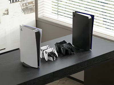 Entertainment Electronics White And Black Gaming Consoles With Controllers On Desk Home Setup 3d model