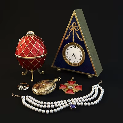 Elegant Vintage Jewelry Collection With Pearl Necklace Ring Pocket Watch Cross Pendant 3d model