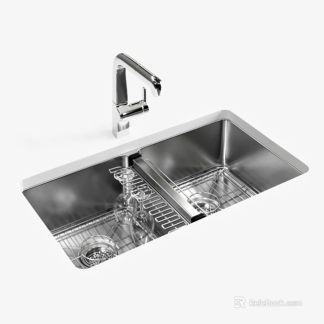 Stainless Steel Double Bowl Kitchen Sink With Faucet And Drainer Rack 3d model 