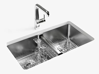 Stainless Steel Double Bowl Kitchen Sink With Faucet And Drainer Rack 3d model
