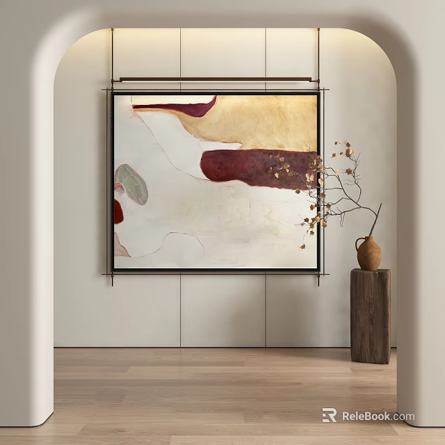 Abstract Painting on Wall with Red Yellow White Blocks in Minimalist Interior and Decorative Vase 3d model 