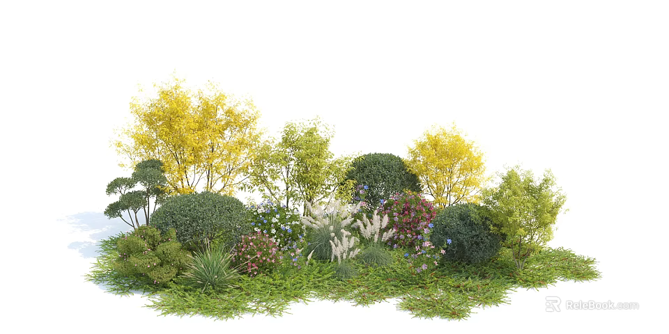 Lush Shrub Landscape Featuring Green Yellow Foliage And Colorful Flowers On Grass 3d model 