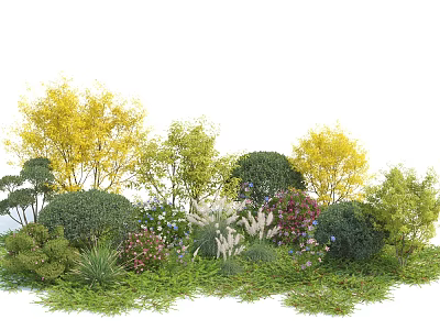 Lush Shrub Landscape Featuring Green Yellow Foliage And Colorful Flowers On Grass 3d model