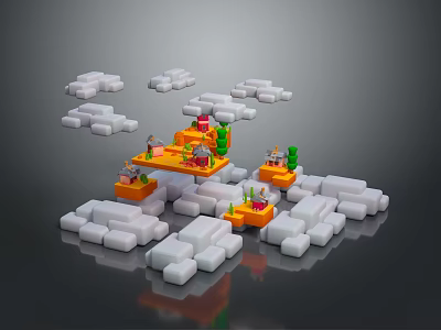 3D Block Style Commercial Equipment Display With White Cloud Shapes And Green Plants 3d model