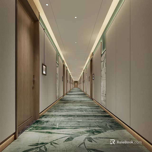 Hotel Corridor With Guest Room Doors Neutral Toned Walls And Patterned Green Gray Carpet 3d model 