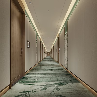 Hotel Corridor With Guest Room Doors Neutral Toned Walls And Patterned Green Gray Carpet 3d model