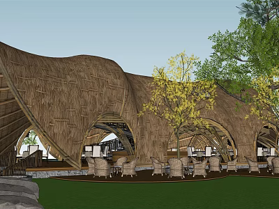 Curved Wooden Boutique Guesthouse Architecture With Arched Design And Outdoor Seating 3d model