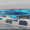 Modern Tech Control Room Featuring Large Screen Data Display And Multiple Operation Desks 3d model