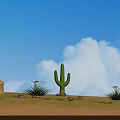 Cartoon Desert Scene with Green Cactus Blue Sky White Clouds Grass Stones and Distant Hills