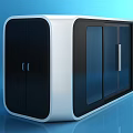 Modern Black And Silver Storage Cabinet With Four Glass Doors On Blue Background