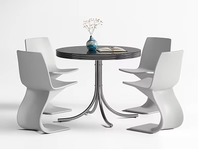 Modern Round Black Table and White Chair Set with Blue Vase Dried Flowers Open Book 3d model