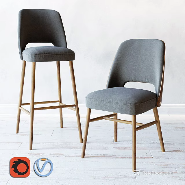 Modern Gray Stools With Backrest Wooden Legs And Simple Comfortable Design 3d model