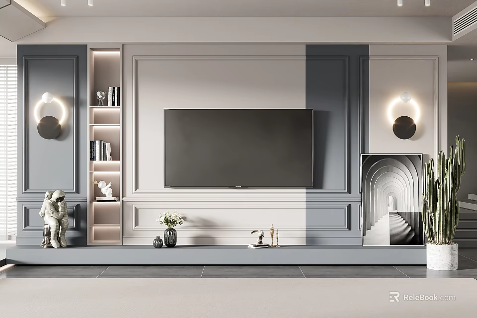 Modern TV Wall Design With Gray White Panels Built in Shelves Sculptures and Wall Lights 3d model 