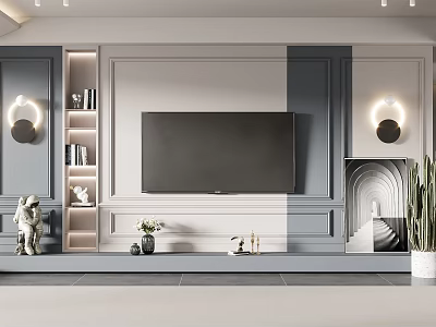 Modern TV Wall Design With Gray White Panels Built in Shelves Sculptures and Wall Lights 3d model