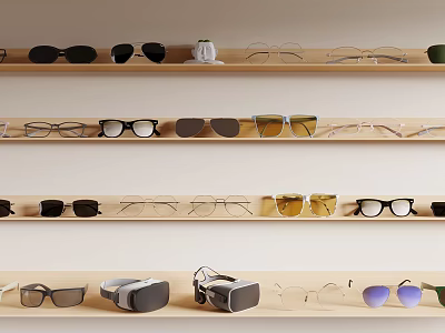Various Styles of Eyewear and VR Headsets Organized on Display Shelves 3d model