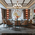 Chinese Style Private Dining Room Interior With Round Table Chairs Chandelier And Decorative Elements
