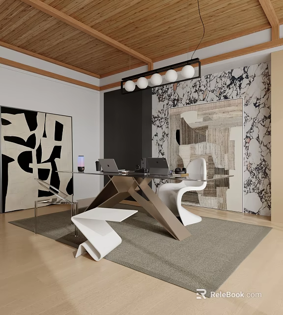 Study Room Interior With Glass Desk Metallic Frame White Chairs Abstract Painting And Patterned Wall 3d model 