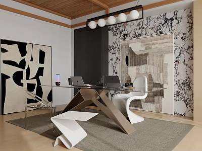Study Room Interior With Glass Desk Metallic Frame White Chairs Abstract Painting And Patterned Wall 3d model