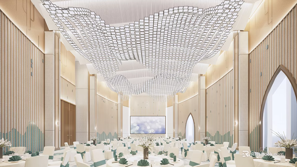 Elegant Banquet Hall Interior With Grandiose Ceiling Lighting Arranged Tables Green Decorations And Large Screen 3d model 