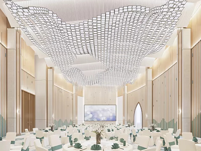 Elegant Banquet Hall Interior With Grandiose Ceiling Lighting Arranged Tables Green Decorations And Large Screen 3d model