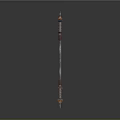 Decorative Polearm Weapon With Multi Tiered Structure And Red Black Gold Accents