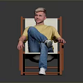 Man Sitting On Orange Folding Chair Wearing Yellow T Shirt Blue Jeans And White Shoes