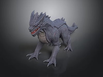 Mythical Gray Scaled Dragon like Creature With Sharp Spikes Muscular Limbs Open Mouth And Claws 3d model