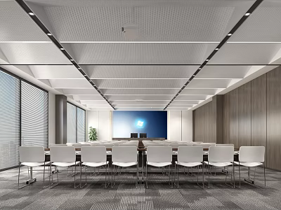 Modern Conference Room Interior With Long Meeting Table White Chairs Wooden Walls And Blue Screen 3d model