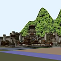 Chinese Ancient Architectural Complex Set Against Green Mountains And Blue Sky