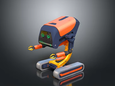 Colorful Robot Design Featuring Orange Blue Body Green Eyes And Yellow Mechanical Arms With Tracks 3d model