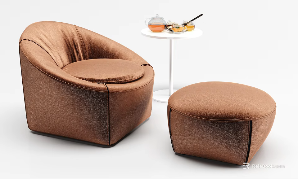 Brown Velvet Single Sofa With Ottoman And Side Table Tea Set 3d model