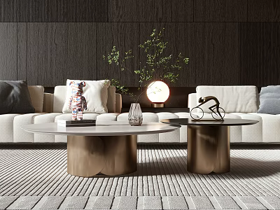 Modern White Sofa and Coffee Table Set with Golden Bases Green Plant and Decorative Items 3d model