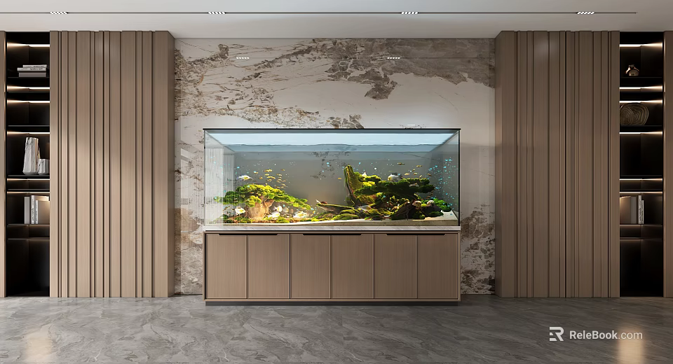 Large Modern Indoor Aquarium With Aquatic Plants On Wooden Cabinet 3d model 