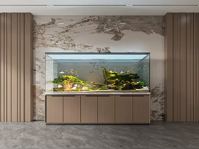 Large Modern Indoor Aquarium With Aquatic Plants On Wooden Cabinet 3d model